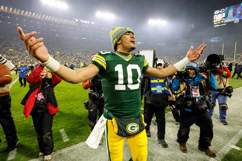 Green Bay Packers quarterback Jordan Love (10) reacts after beating the Chicago Bears during...