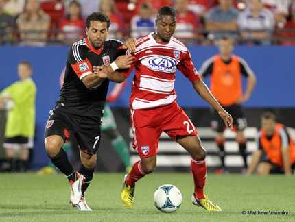 London Woodbury (right) plays for FC Dallas against DC United back in 2013.