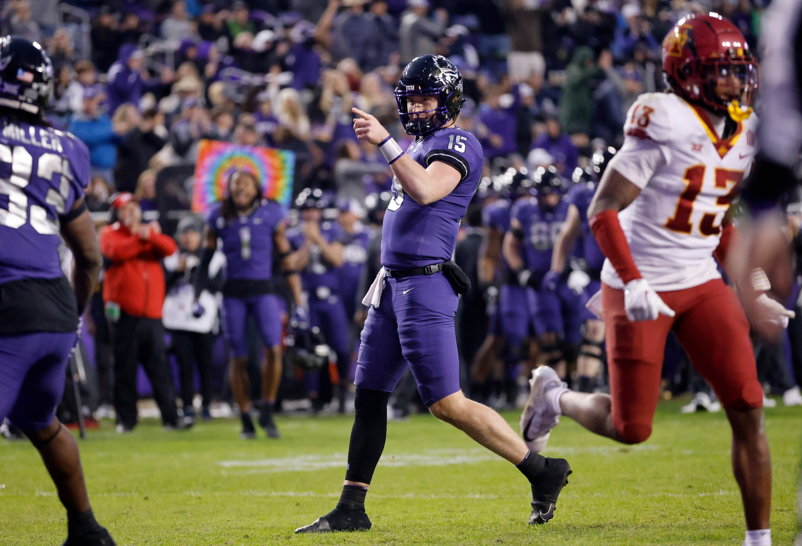 TCU Horned Frogs quarterback Max Duggan (15) points to wide receiver Savion Williams after...