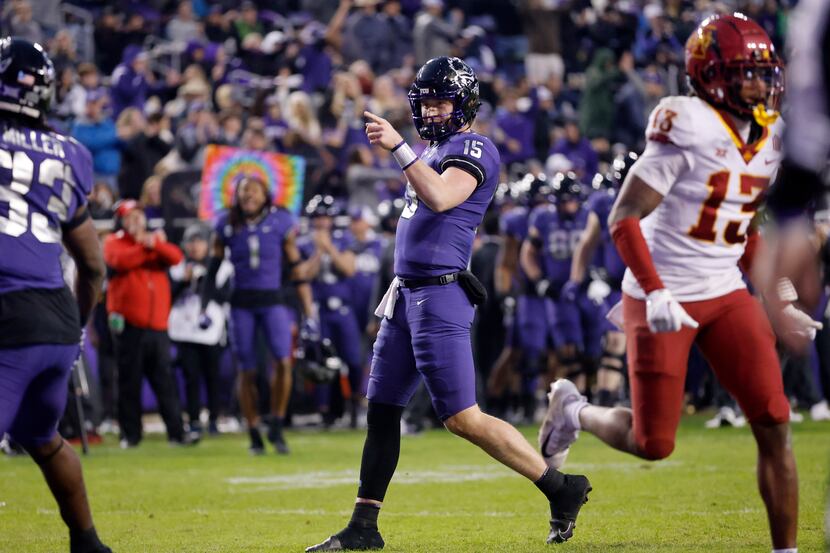 TCU Horned Frogs quarterback Max Duggan (15) points to wide receiver Savion Williams after...