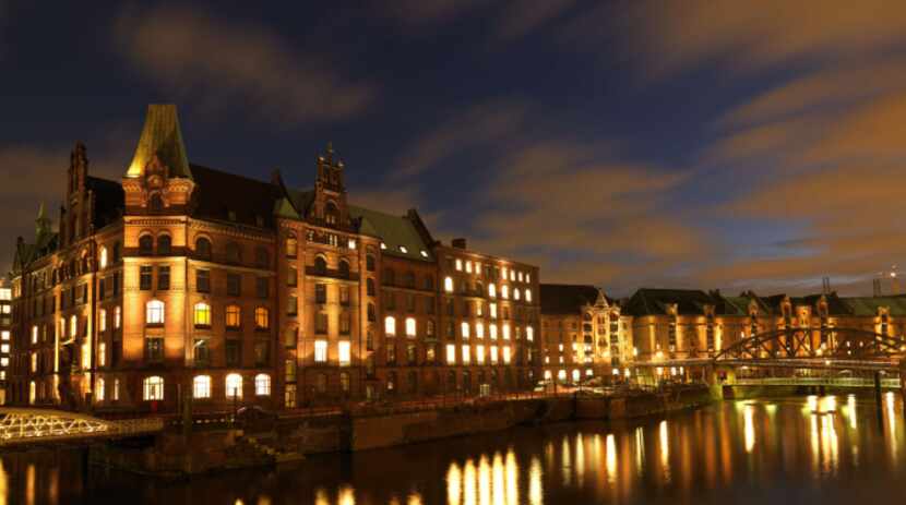 The Speicherstadt (Bonded Warehouse District) in Hamburg, northern Germany, is illuminated...