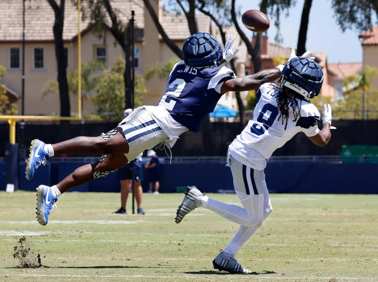 Dallas Cowboys cornerback Jourdan Lewis (2) lies down to catch a pass for distance...