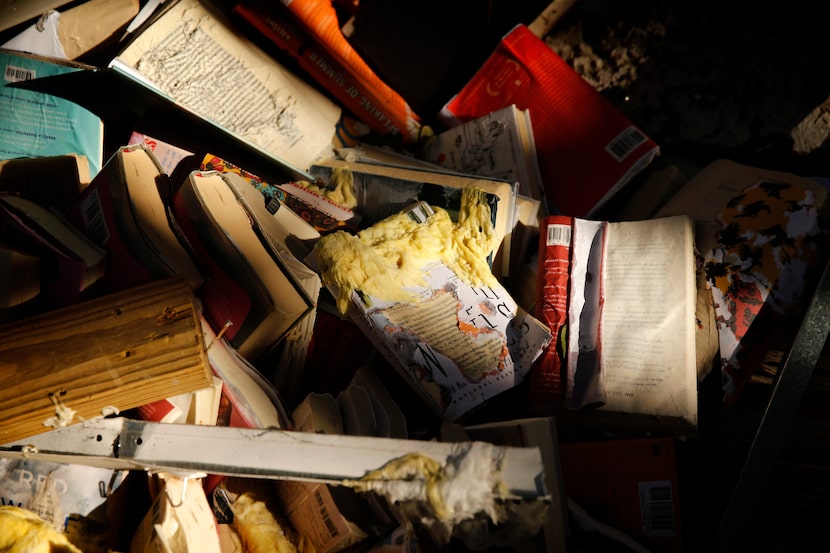 The interior of Interabang Books was demolished by a tornado in the Preston Royal shopping...