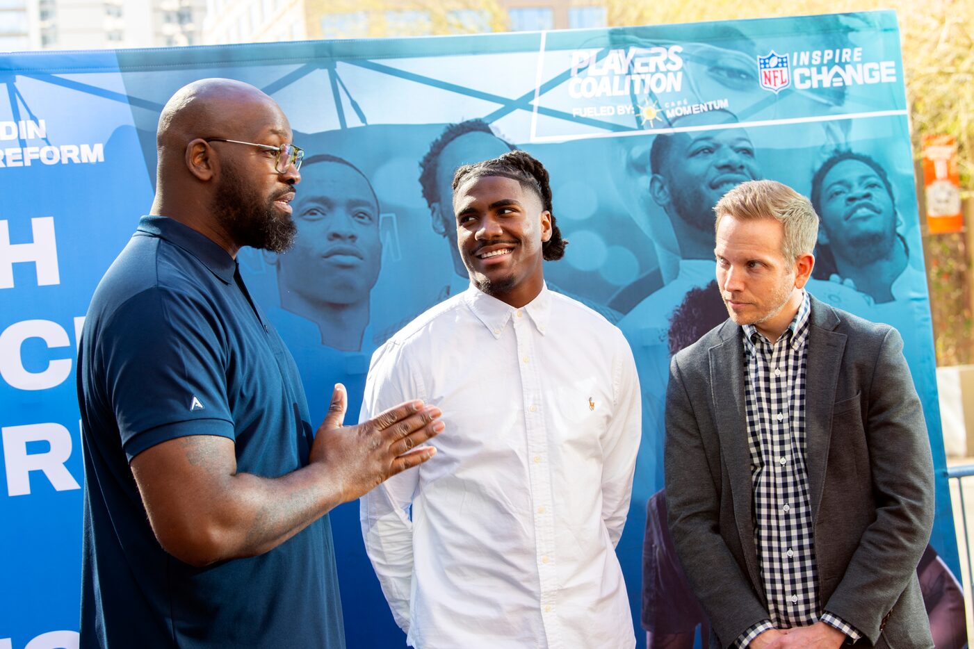 Super Bowl LV honorary Captain Trimaine Davis speaks with Tampa Bay Buccaneers running back...