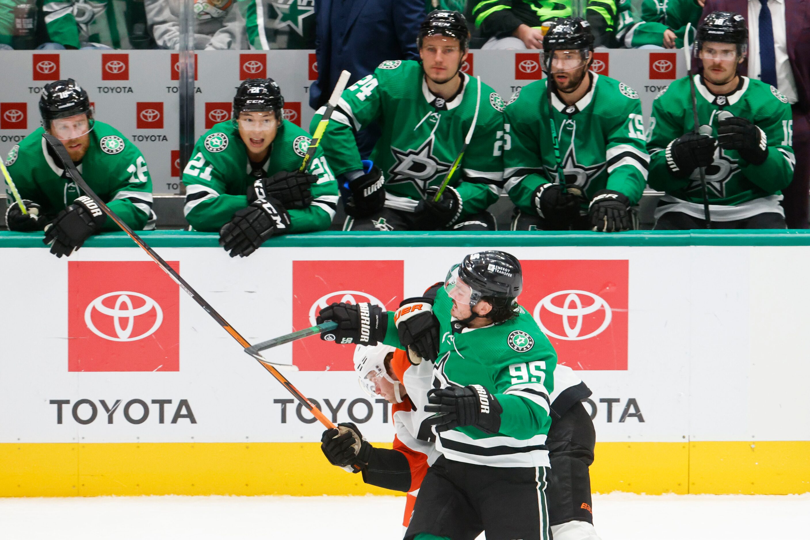 Dallas Stars center Matt Duchene (95) battles against Philadelphia Flyers defenseman Cam...