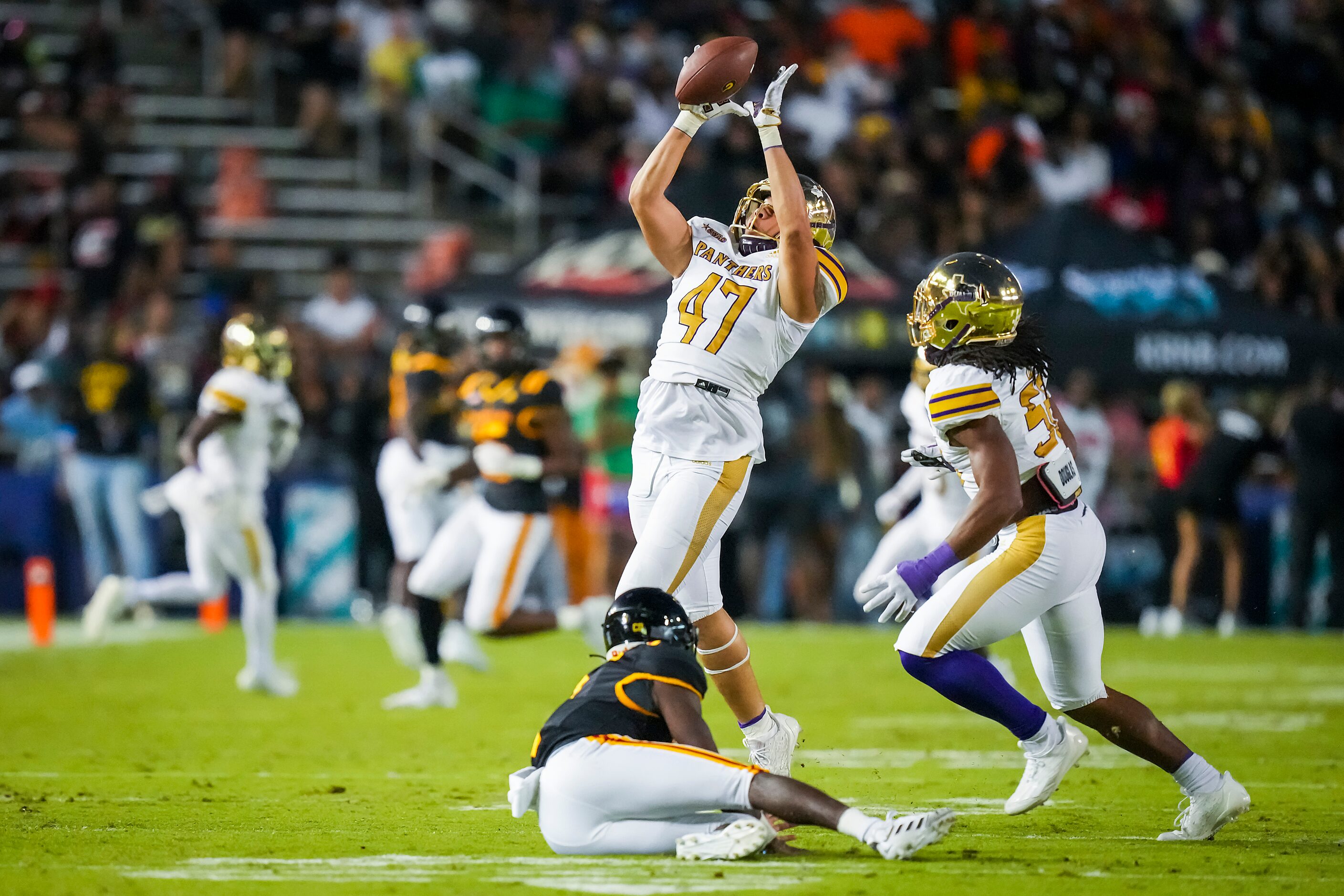 Prairie View defensive end Xxavier Watson (47) catches a fumble by Grambling quarterback...