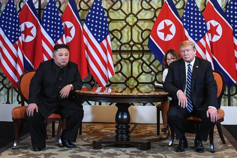President Donald Trump and North Korea's leader Kim Jong Un hold a meeting during the second...