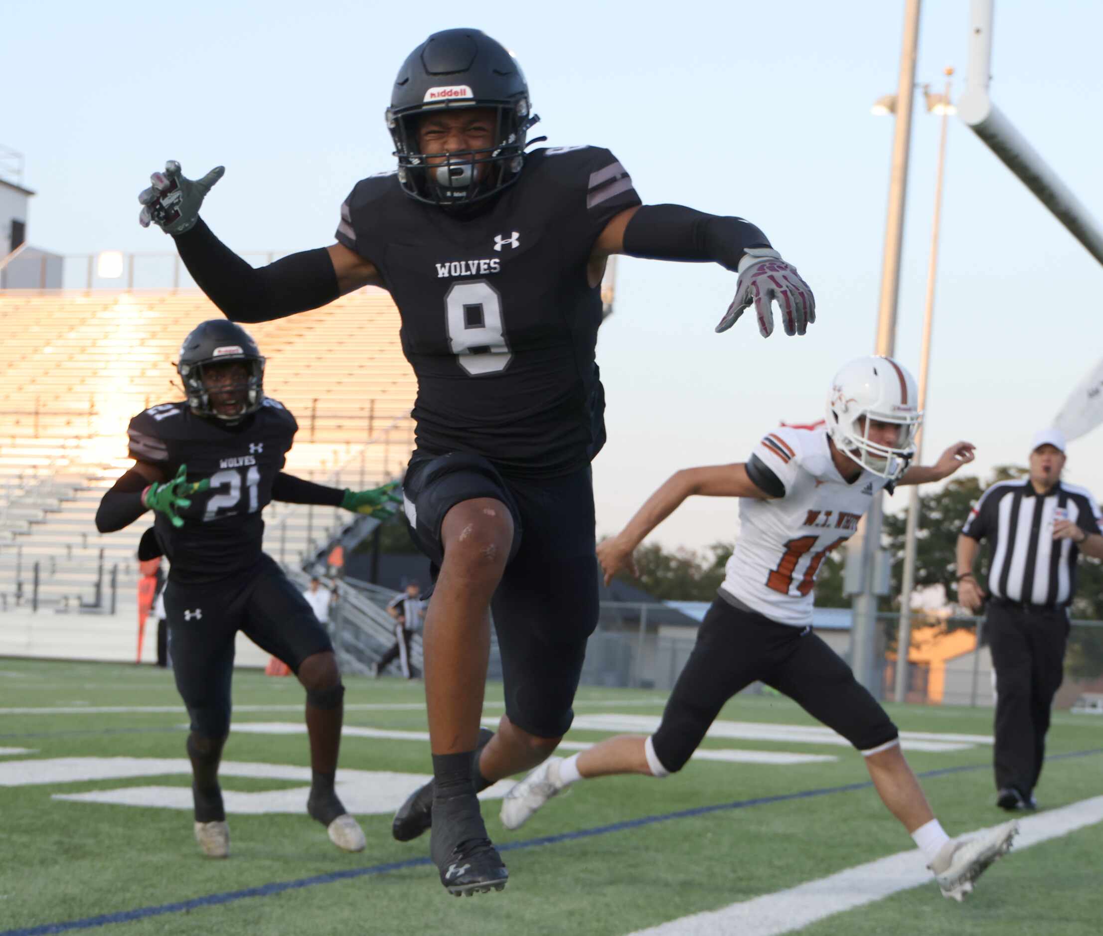 Mansfield Timberview defensive back Jordan Sanford (8) leaps in reaction to missing an...