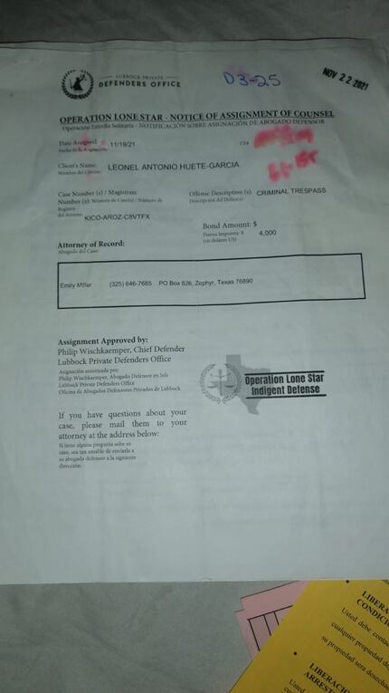 Photo of the paperwork that Leonel Huete García received after he was detained for criminal...