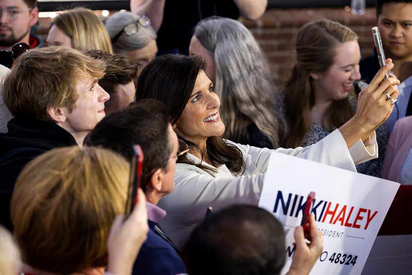 Republican presidential candidate Nikki Haley greets supporters after a speech Feb. 15,...
