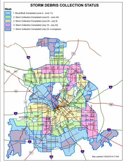 This map shows the status of storm debris collection in Dallas.