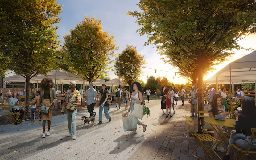 Rendering of outdoor market at Fair Park's Community Park Complex.