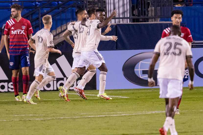 Los Angeles FC celebrate forward Cristian Arango’s (29) goal during the second half of a...