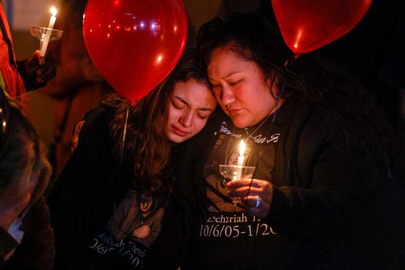 Zechariah Trevino’s girlfriend Corina Camacho, 18, leans on Trevino’s mother Erica Trevino...