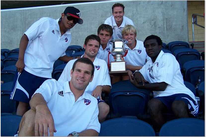 FC Dallas teammates pose with the Brimstone Cup in 2006.  Left to right: Ramon Nunez, Greg...
