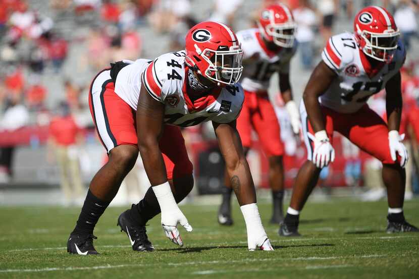 Georgia defensive lineman Travon Walker (44) against Arkansas during an NCAA college...