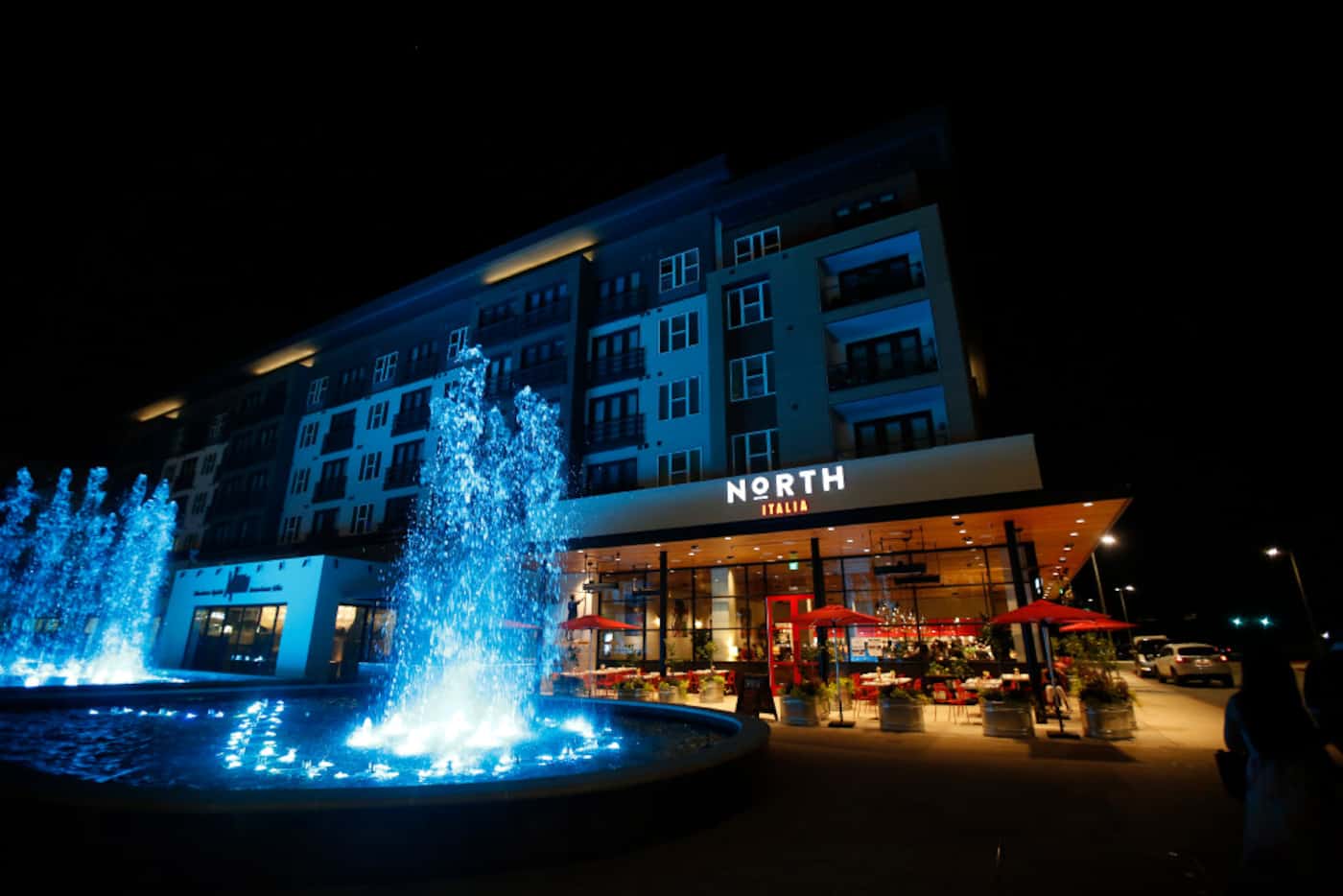 Fountains in front of North Italia, a new restaurant at Legacy West, in Plano, Texas,...