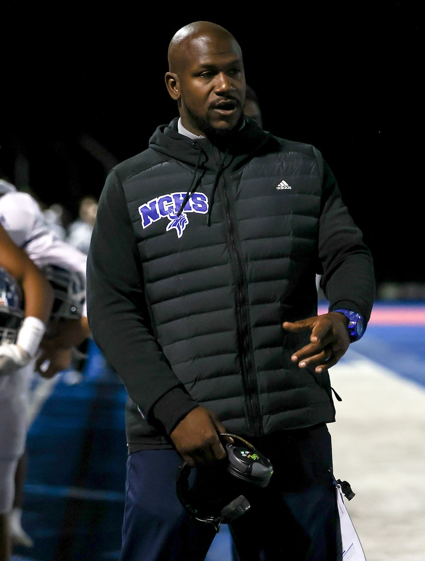 Nolan head coach K.J. Williams looks on from the sidelines as his team faces Parish in a...