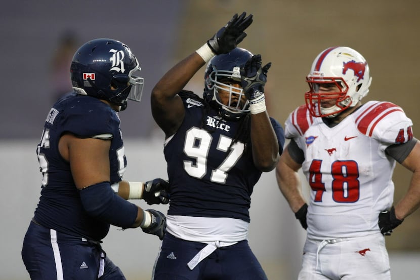 Nov 17, 2012; Houston, TX, USA; Rice Owls defensive end Jared Williams (97) celebrates a...