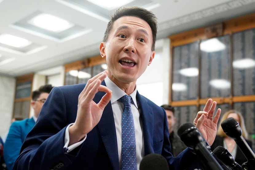 TikTok CEO Shou Zi Chew speaks to reporters before a hearing of the House Energy and...