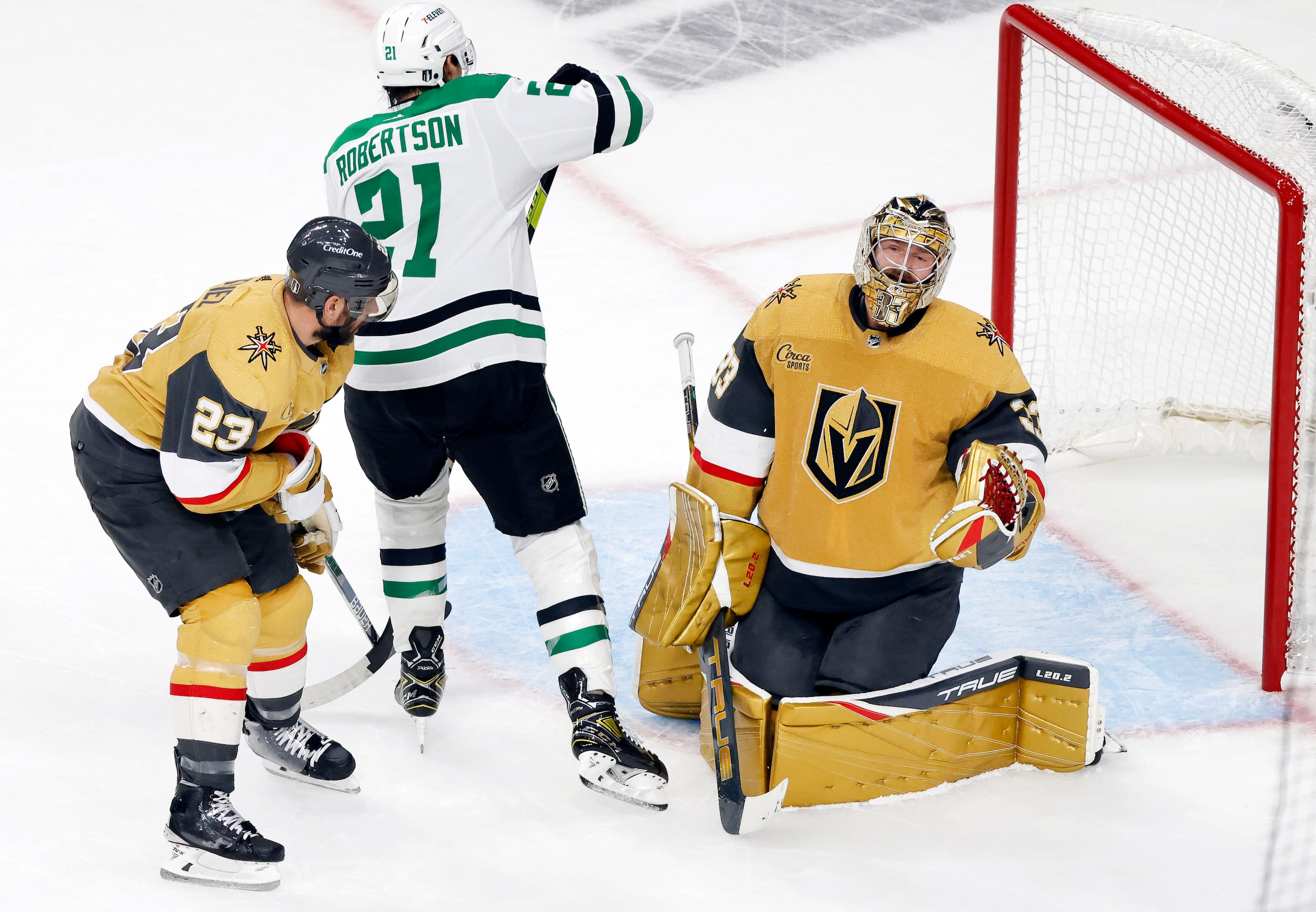 Dallas Stars left wing Jason Robertson (21) scores a  first period goal on Vegas Golden...