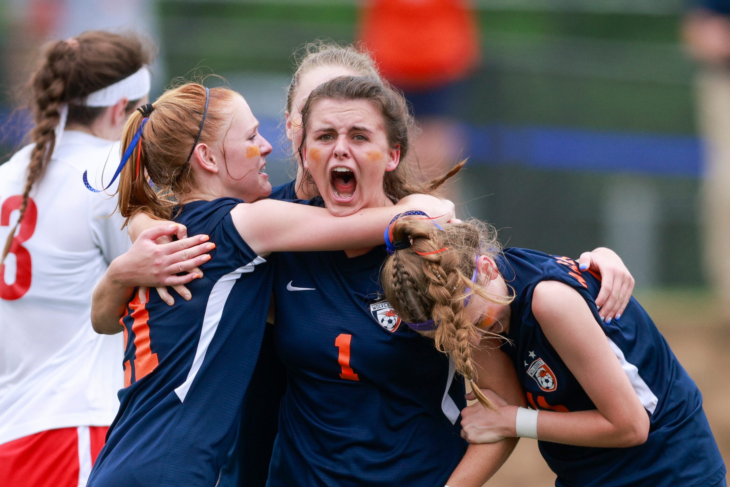 Frisco Wakeland forward Cori Cochran (1) celebrates her goal with teammates during the...