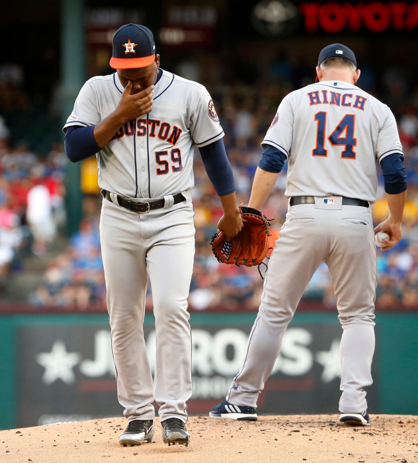 Houston Astros starting pitcher Framber Valdez (59) is pulled from the game by manager AJ...