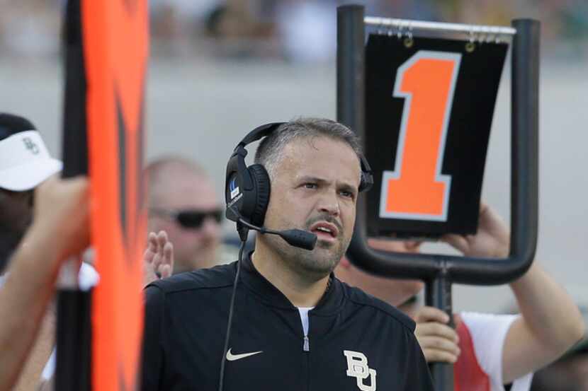 Baylor head coach Matt Rhule looks on from the sidelines during the first half of an NCAA...