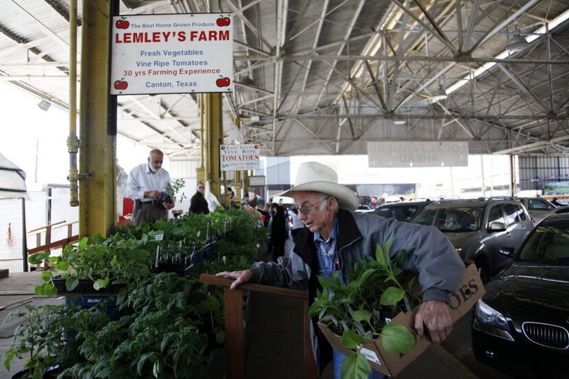 J.T. Lemley of Lemley's Farm gathered tomato plants for a customer at the Lemley's Farm...