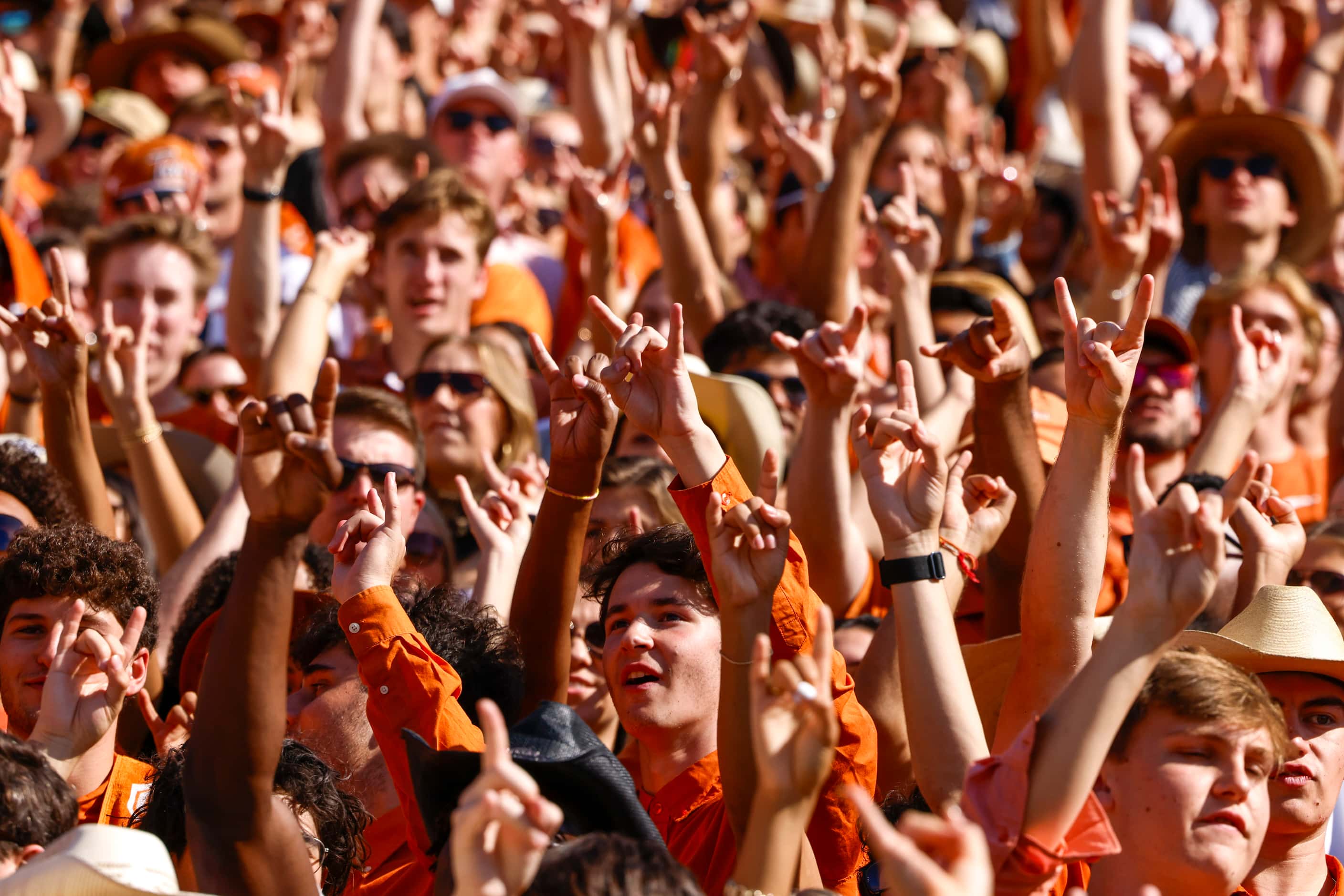 Texas fans cheer ahead of the Red River Rivalry at the Cotton Bowl, on Saturday, Oct. 7,...