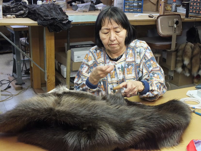 Anna Steelman stitches together beaver pelts to make a vest. Steelman works in the factory...