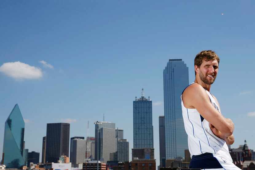 Dallas Mavericks forward Dirk Nowitzki (41) poses for a portrait in downtown Dallas on...