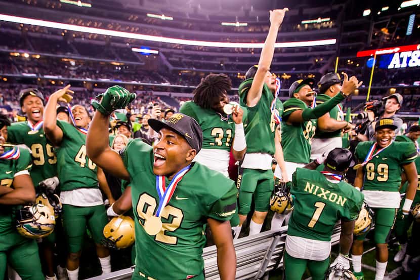 DeSoto's Kristopher Ingram (92) celebrates with teammates after a victory over Cibolo Steele...