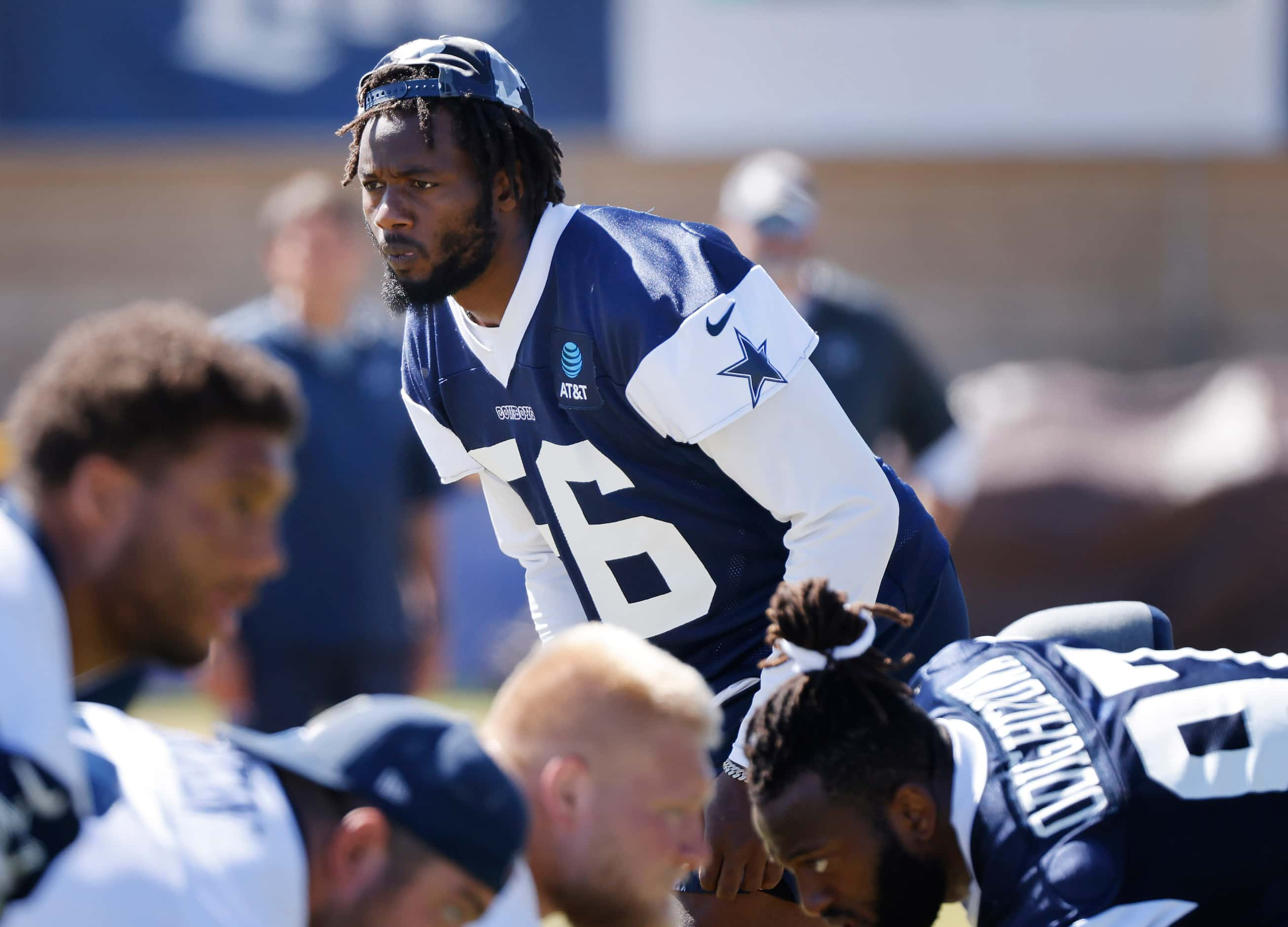 Dallas Cowboys defensive end Dante Fowler (56) lines up for a wlk-thru play during training...