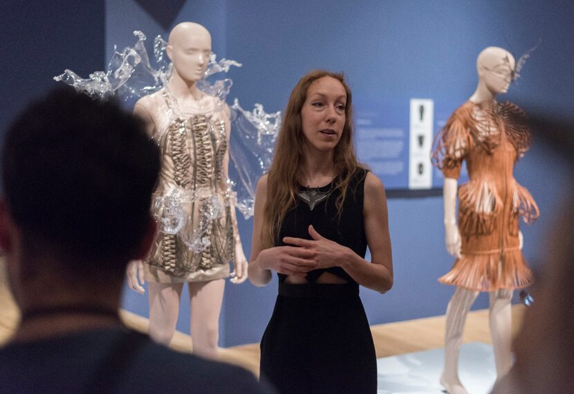 Iris van Herpen discusses her dress designs during a press preview of her exhibit at the...