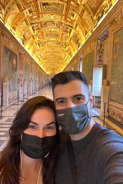 Cristina Allala and Michael Mawoad visit the Vatican Museum in Vatican City during a trip to...