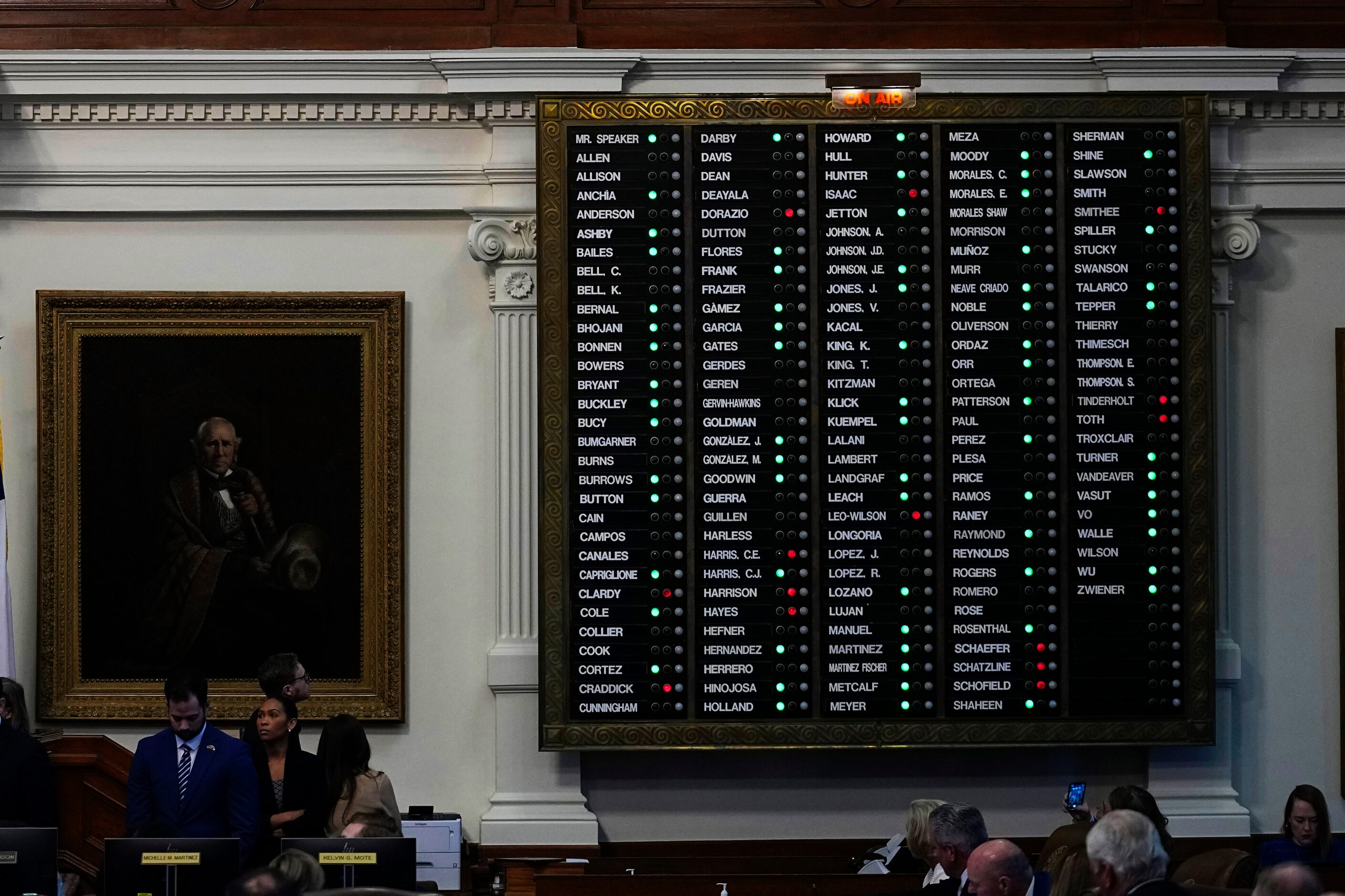 The voting board is lit with a majority of green lights as the house votes to impeach state...