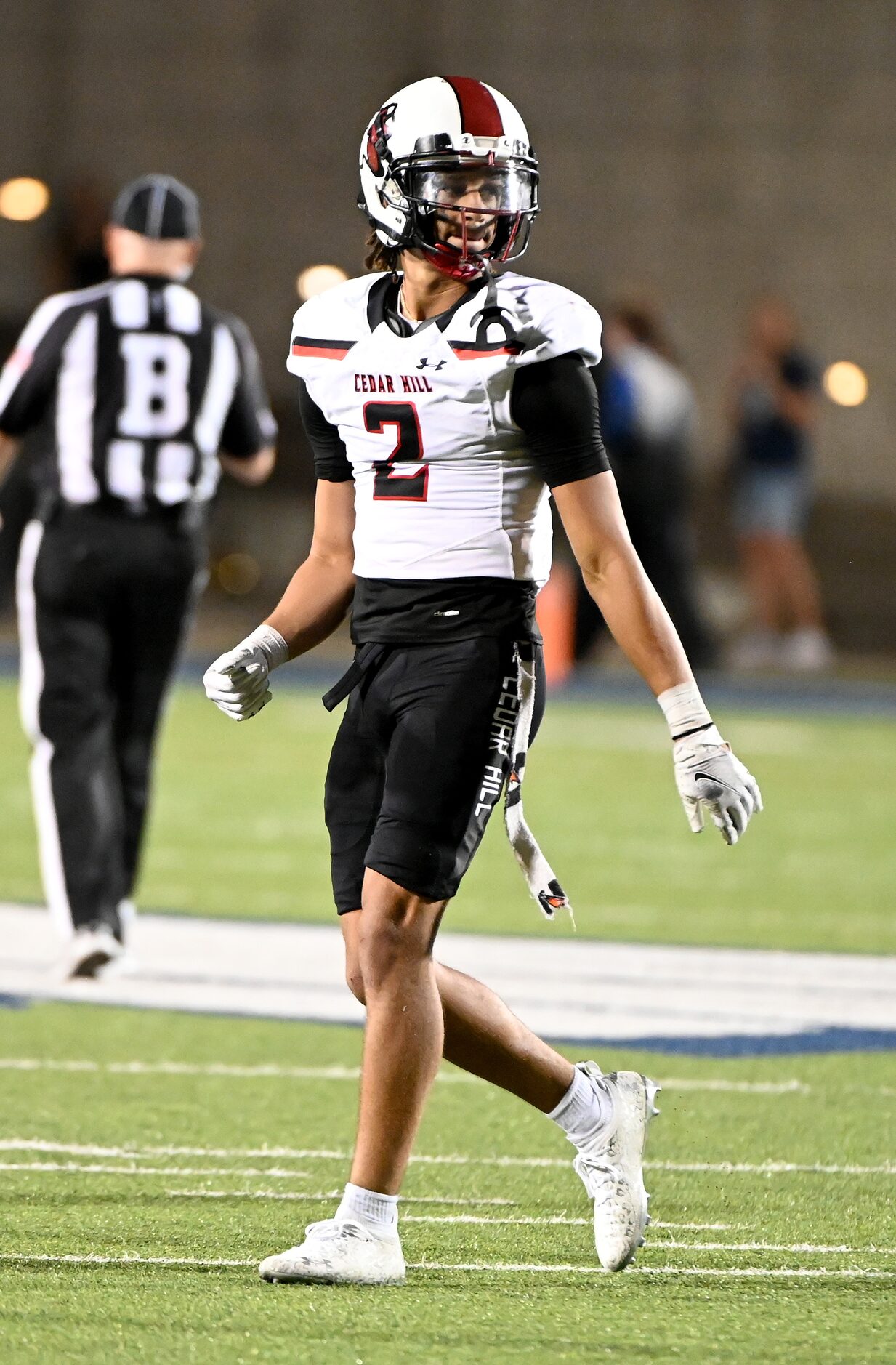 Cedar Hill's Jalon Peoples (2) in the first half of a high school football game between...