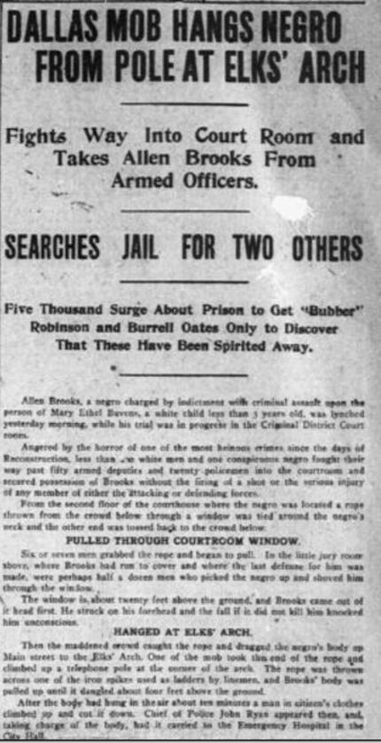 Allen Brooks' lynching made the front page of The Dallas Morning News on March 4, 1910.