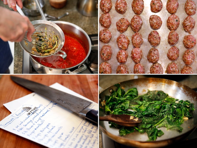 Clockwise from top left: Julian Barsotti strains bail-garlic oil into tomato sauce;...