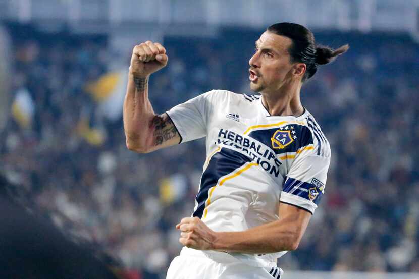LA Galaxy forward Zlatan Ibrahimovic celebrates his goal during the second half of an MLS...