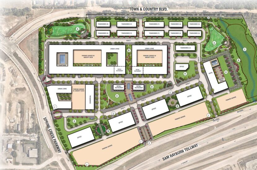 Buildings in the project at Spring Creek Parkway and S.H. 121 would be built around a series...