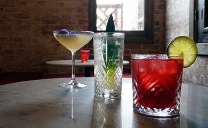 Cocktails at Tinie's include (from left) Flor Oaxaquena, Tonico De Plantano, and Remolino....