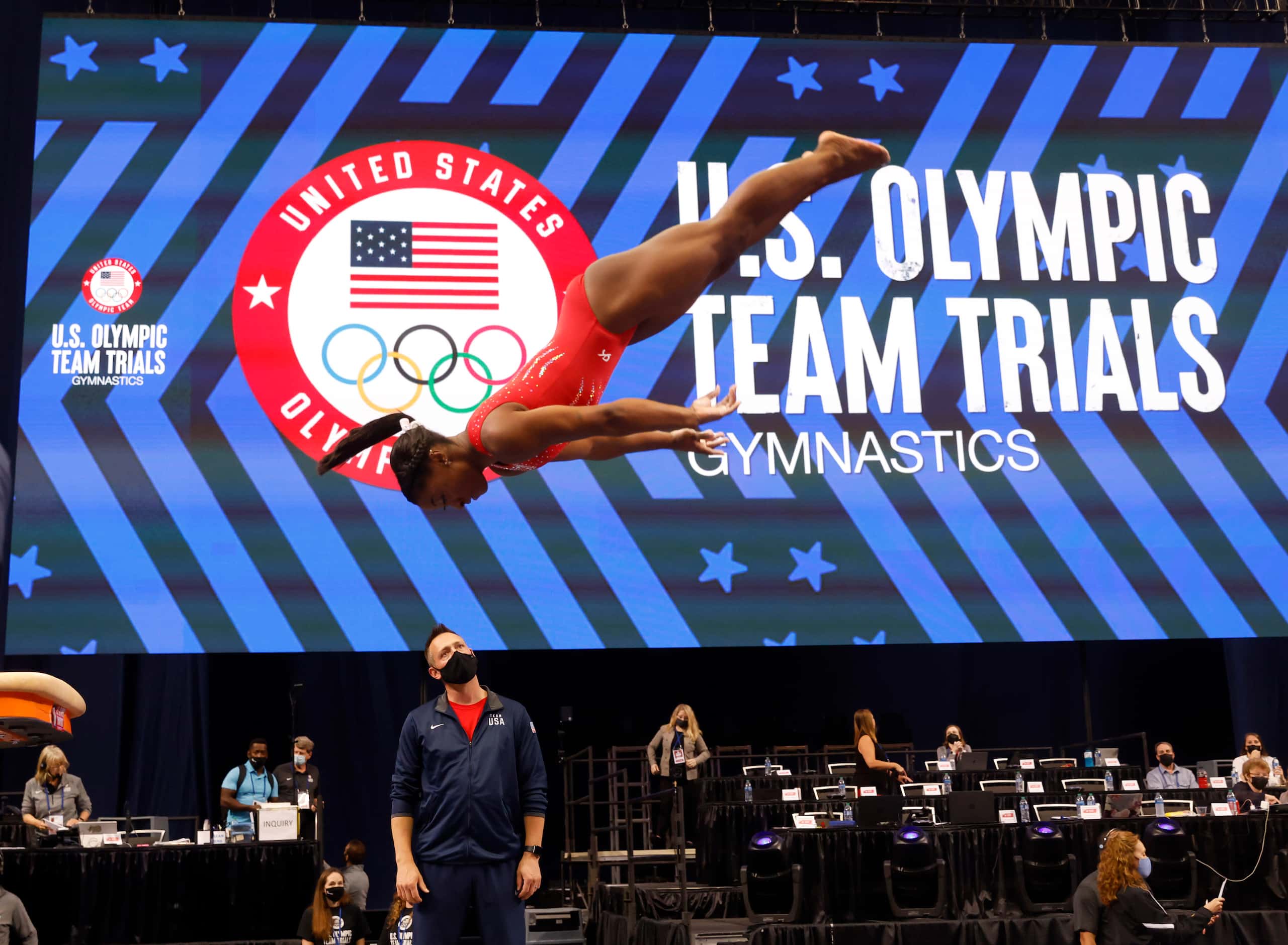 Simone Biles practices on the vault during stretch period on day 2 of the women's 2021 U.S....