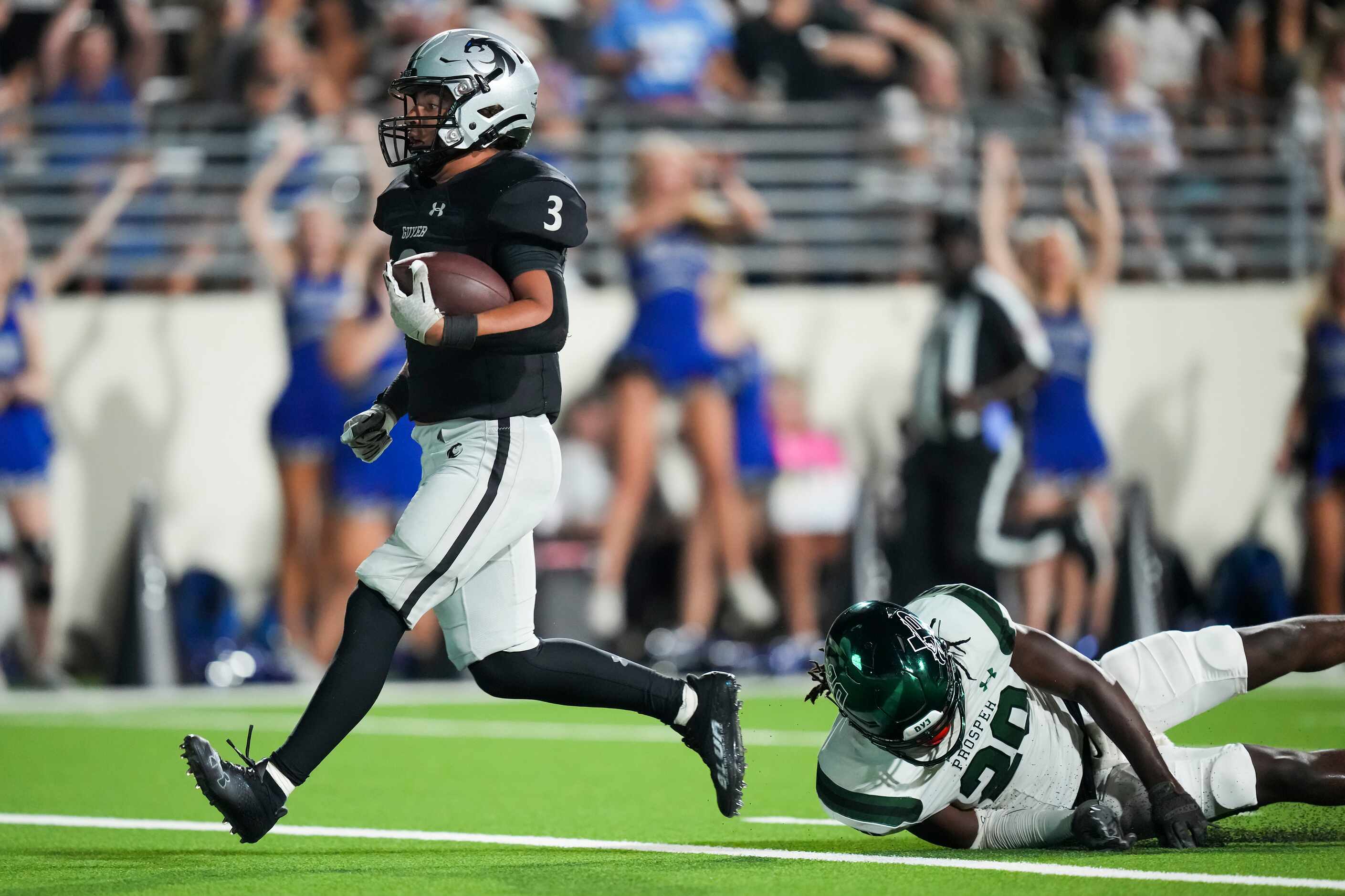 Denton Guyer running back Trey Joyner (3) gets past Prosper defensive back Malachi Edmonds...