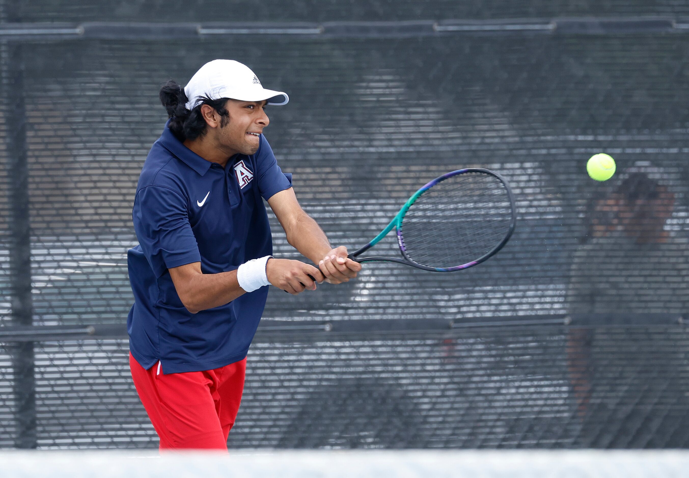 In Class 6A boys doubles Allen’s Tejas Ram makes a return  against Woodlands’ Jose Perez and...