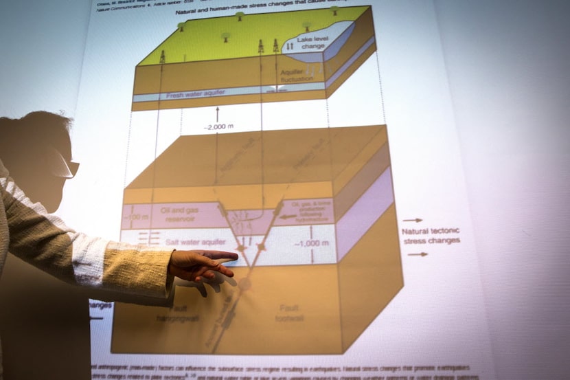  SMU researcher Heather DeShon points to a slide as she discusses oil and gas drilling's...