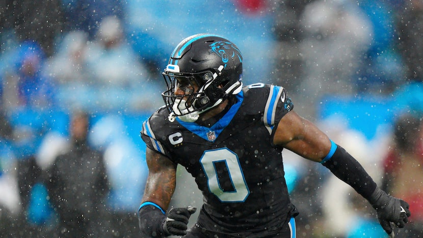 Carolina Panthers linebacker Brian Burns (0) plays against the Atlanta Falcons during an NFL...