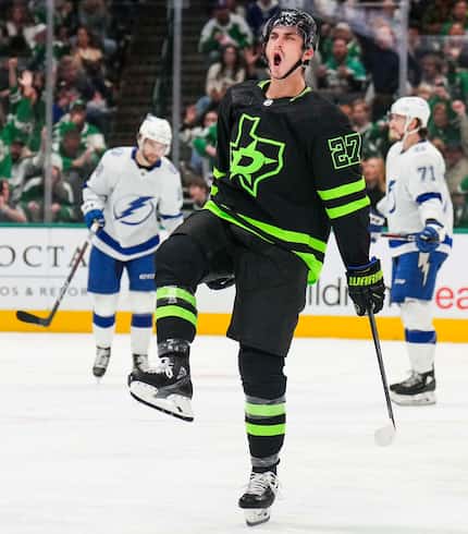 Dallas Stars left wing Mason Marchment (27) celebrated after scoring a goal during the...