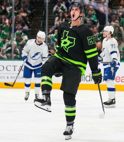 Dallas Stars left wing Mason Marchment (27) celebrated after scoring a goal during the...